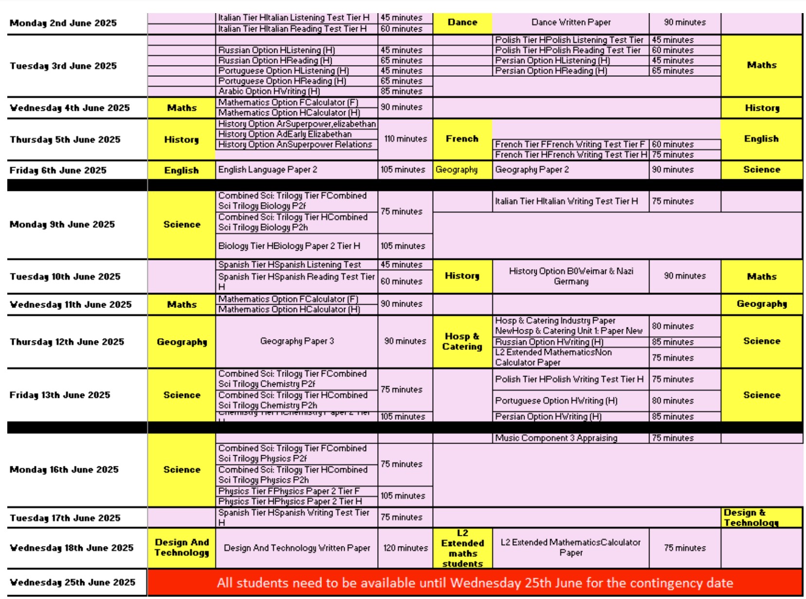 Y11 GCSE Summer 2025  Timetable